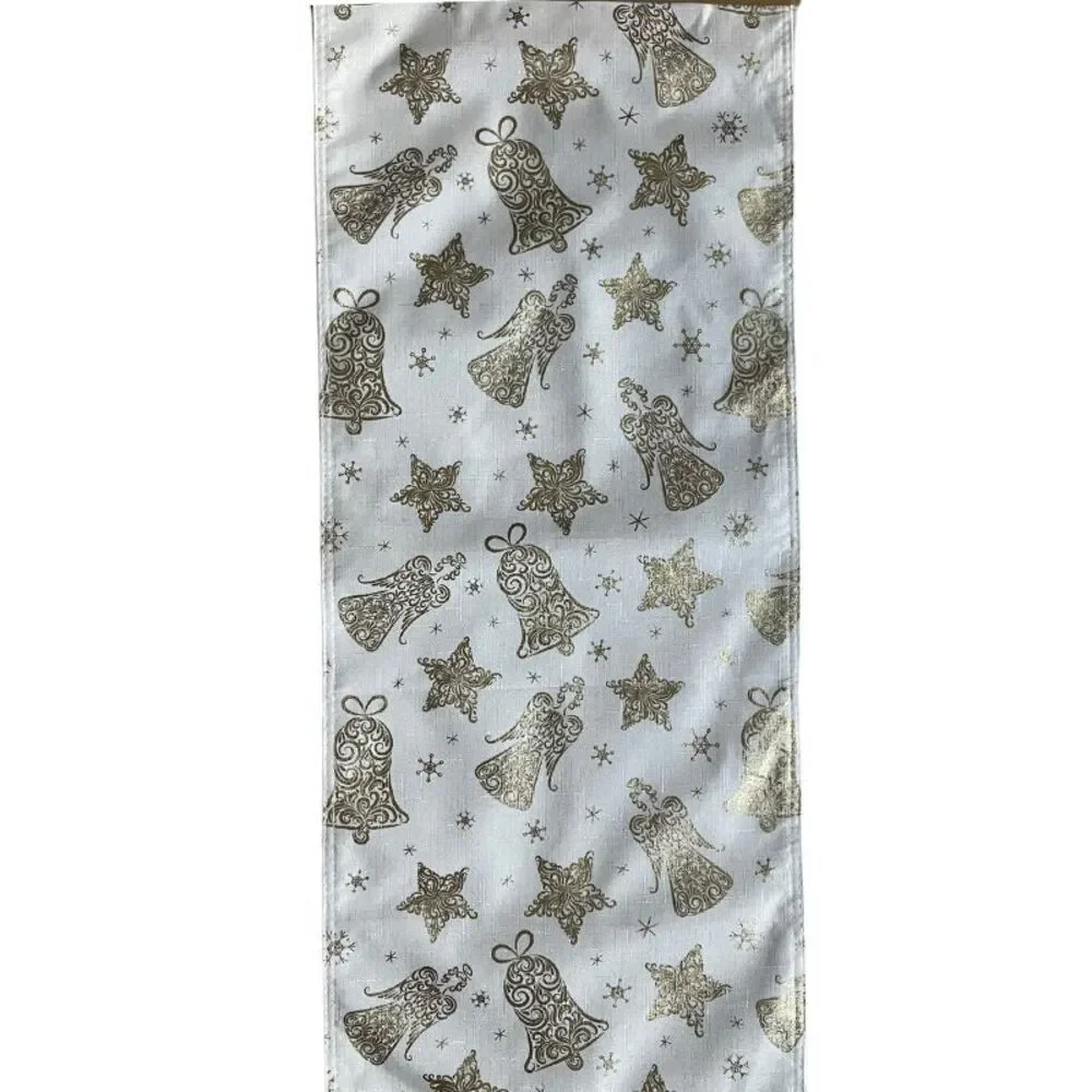 Christmas Table Runner 14 x 72 Decorative White and Gold Angel Chimes Polyester